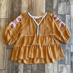 Entro Tan Blouse with Pink Embroidered top